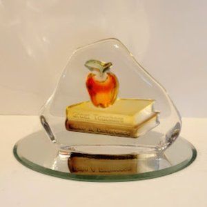 Glass Paperweight with Apple and Books and a Mirrored Base